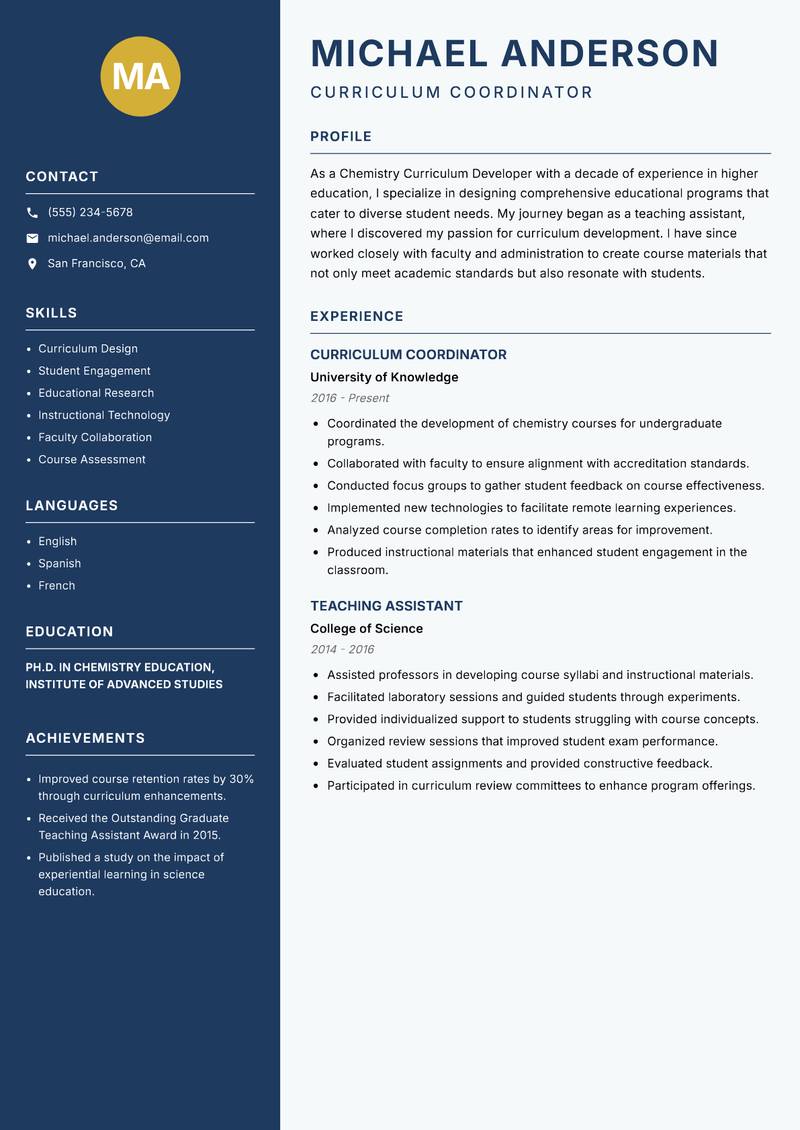 Chemistry Curriculum Developer resume template — Classic Clean