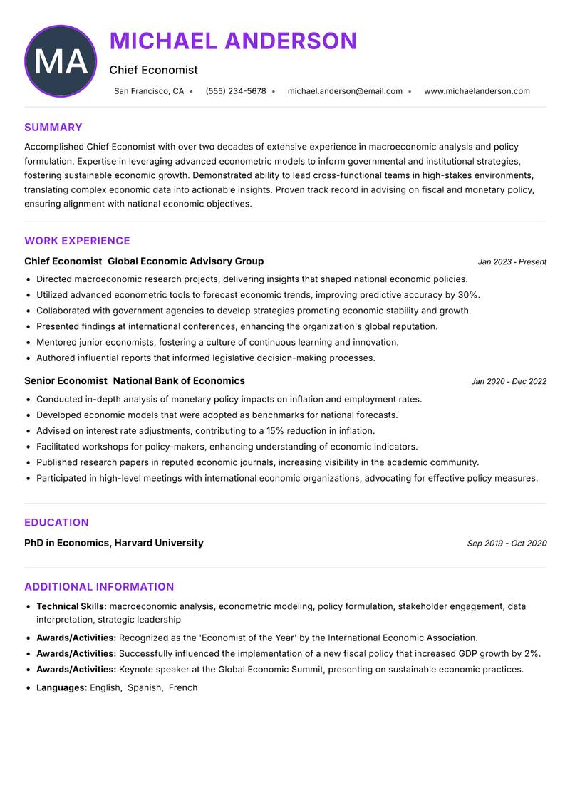 Chief Economist resume example — ATS-friendly template