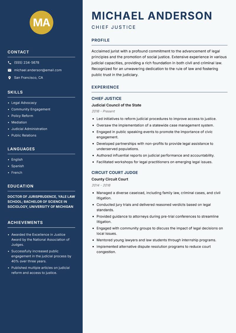 Chief Justice resume template — Classic Clean