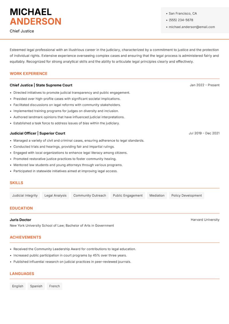 Chief Justice resume template — Modern Professional