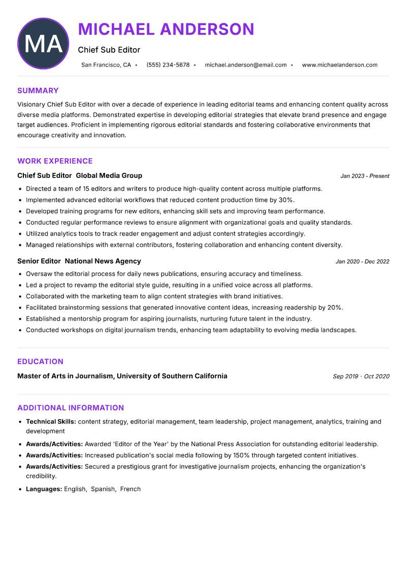 Chief Sub Editor resume example — ATS-friendly template