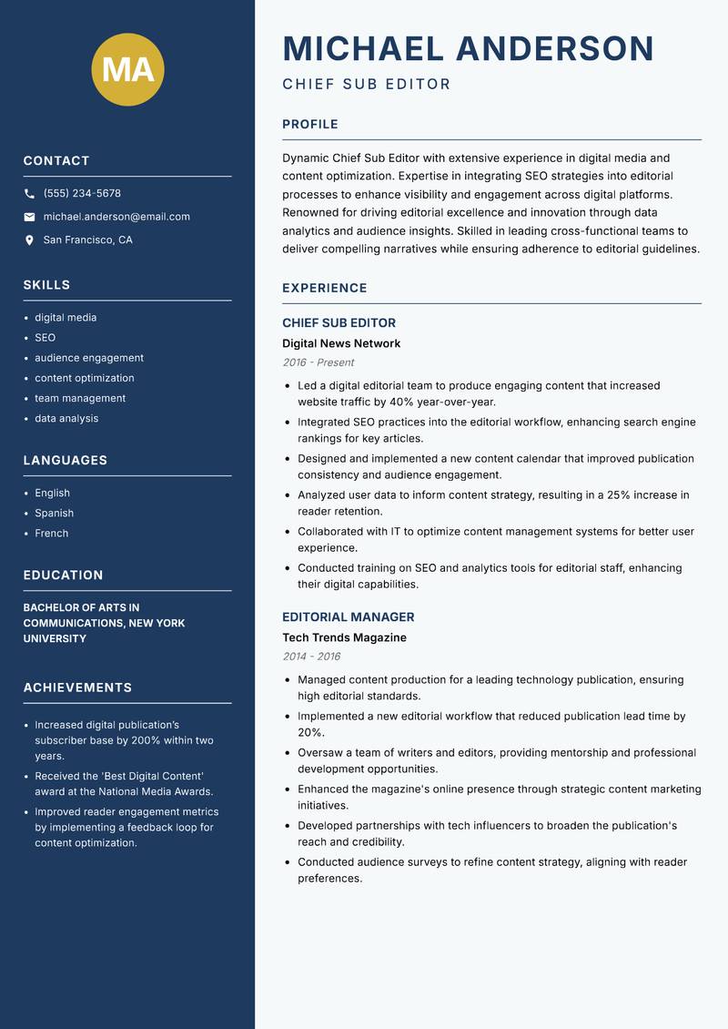 Chief Sub Editor resume template — Classic Clean