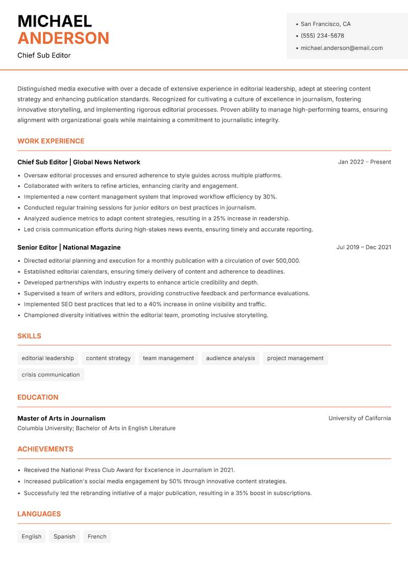 Chief Sub Editor resume template — Modern Professional