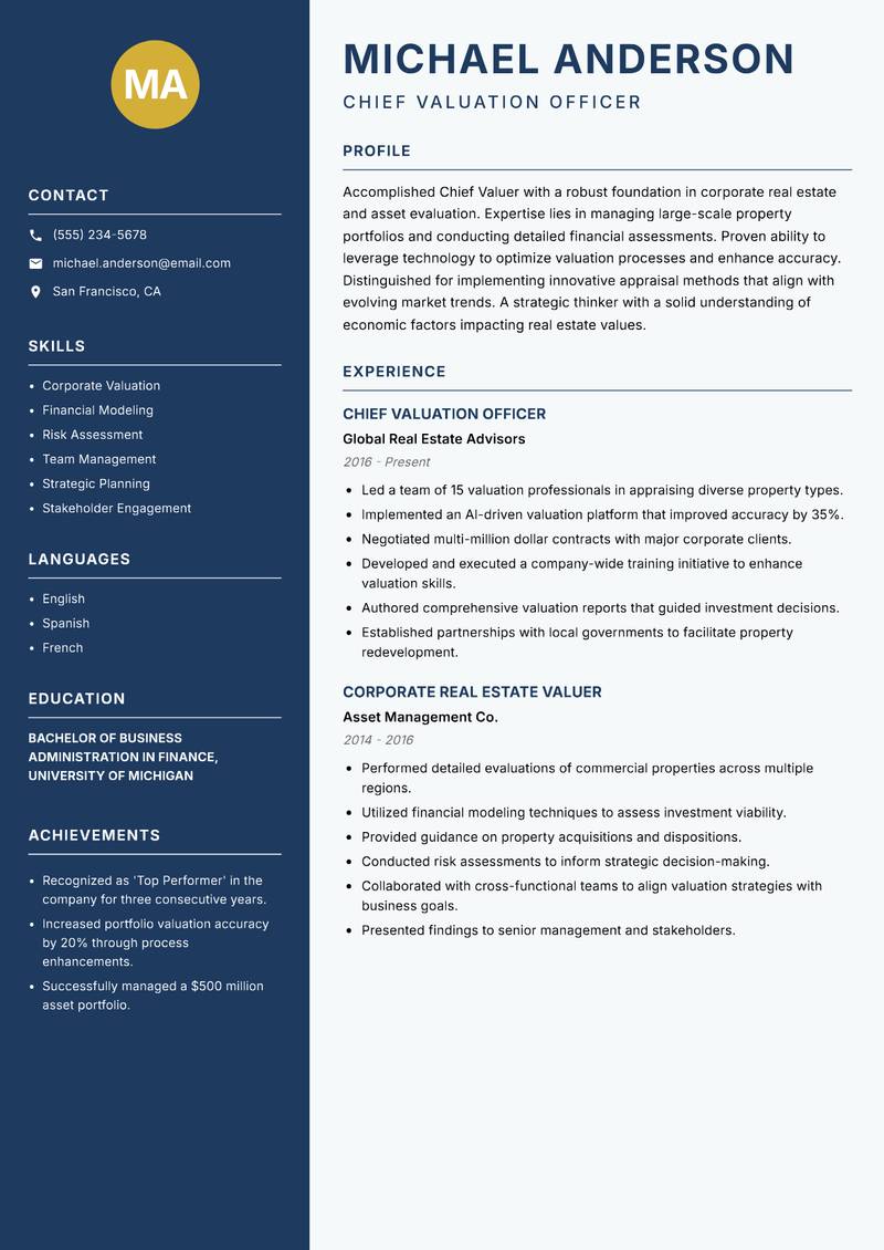 Chief Valuer resume template — Classic Clean