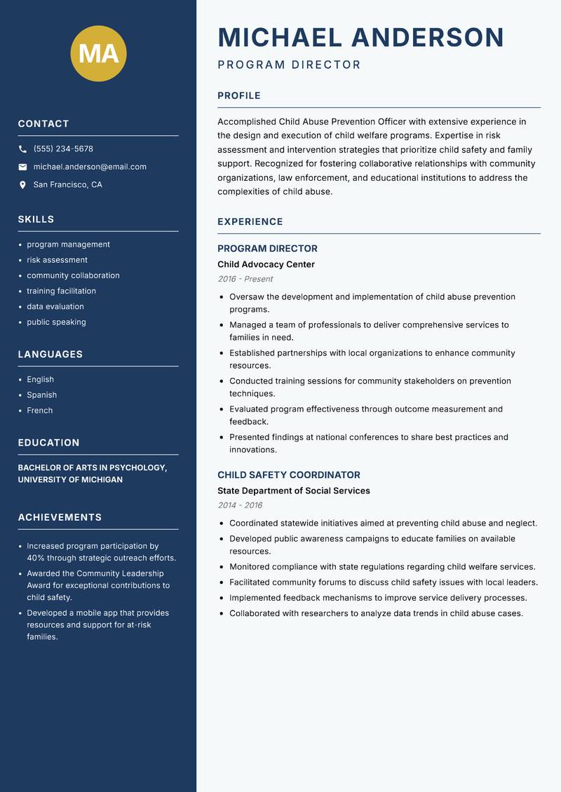 Child Abuse Prevention Officer resume template — Classic Clean