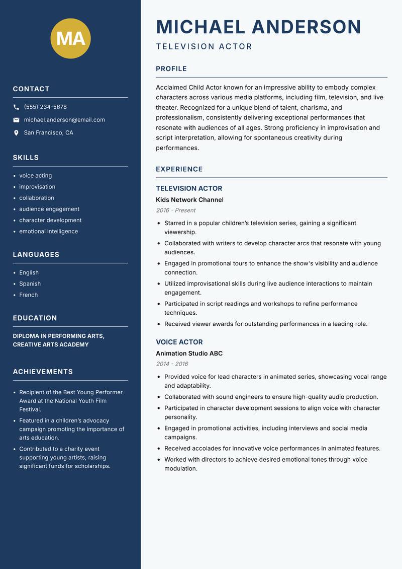 Child Actor resume template — Classic Clean
