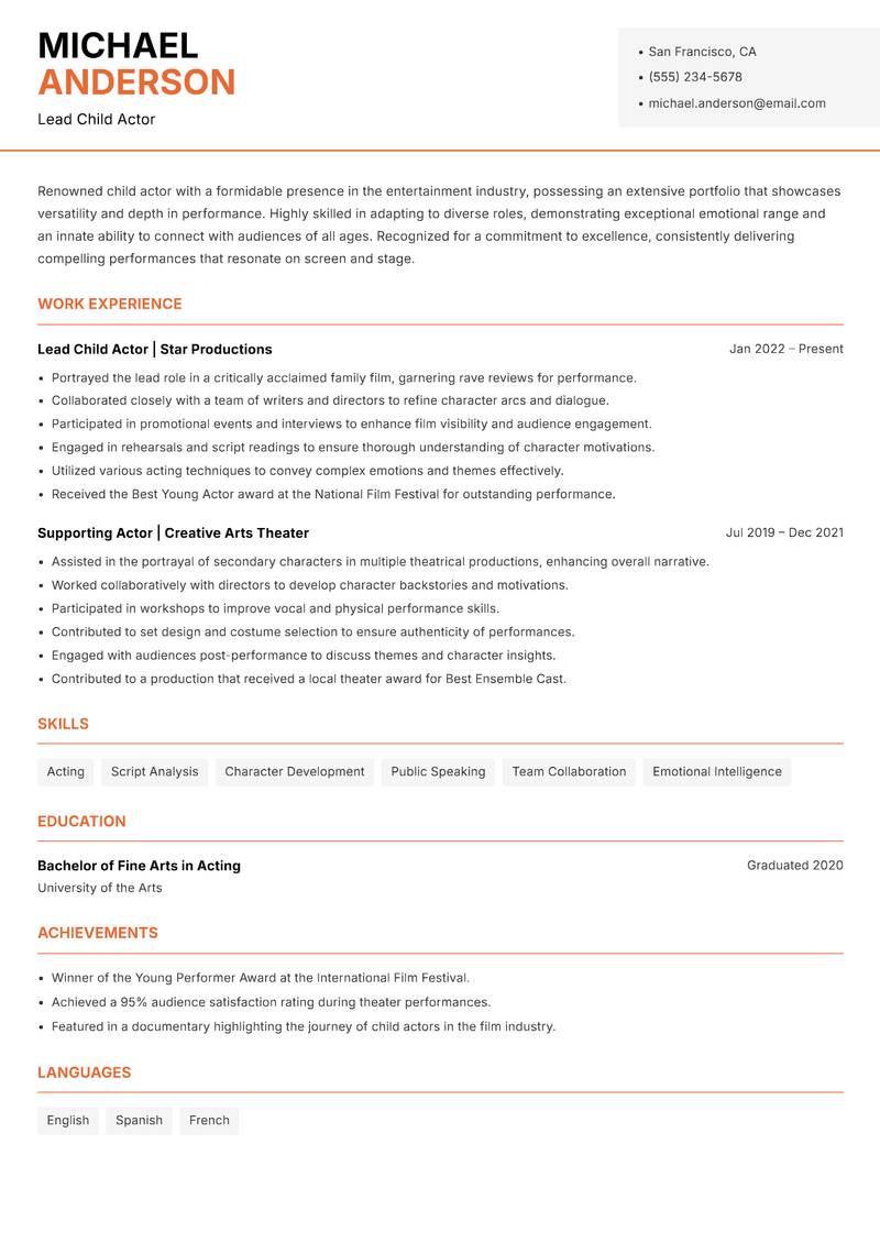 Child Actor resume template — Modern Professional