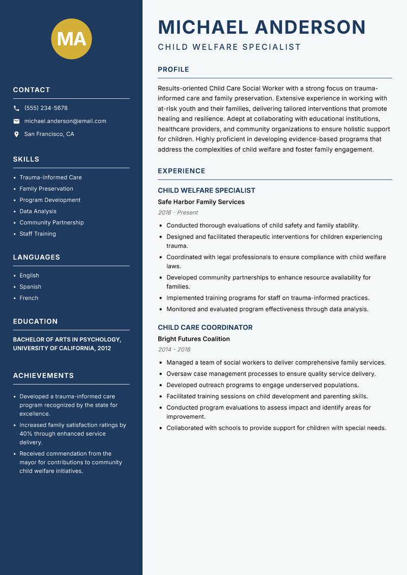 Child Care Social Worker resume template — Classic Clean