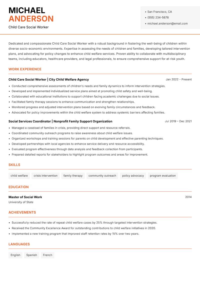 Child Care Social Worker resume template — Modern Professional