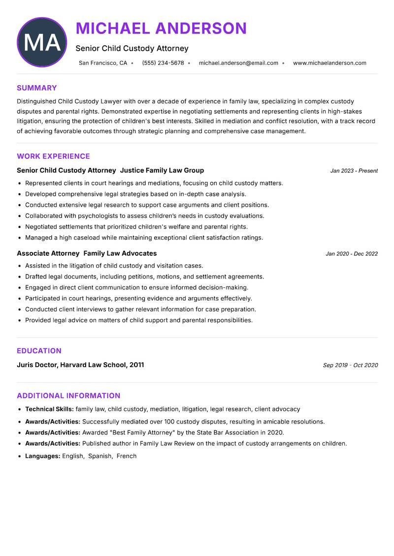 Child Custody Lawyer resume example — ATS-friendly template