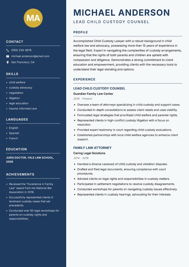 Child Custody Lawyer resume template — Classic Clean