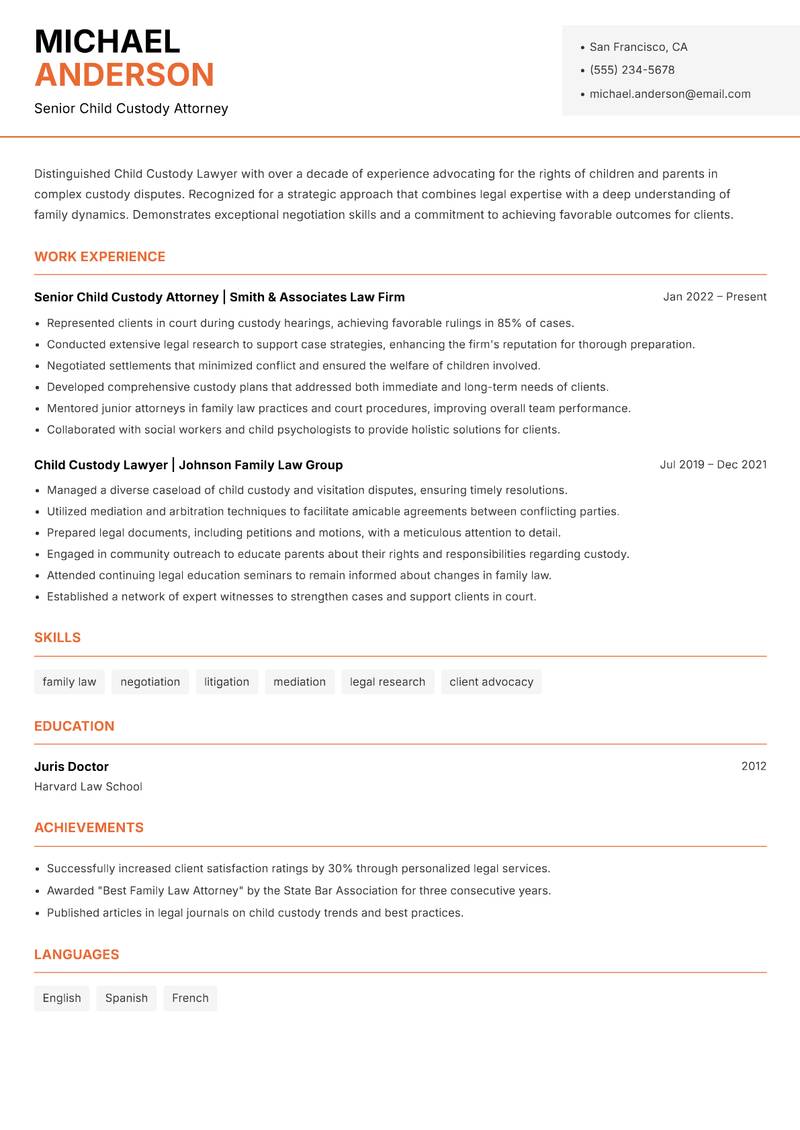 Child Custody Lawyer resume template — Modern Professional