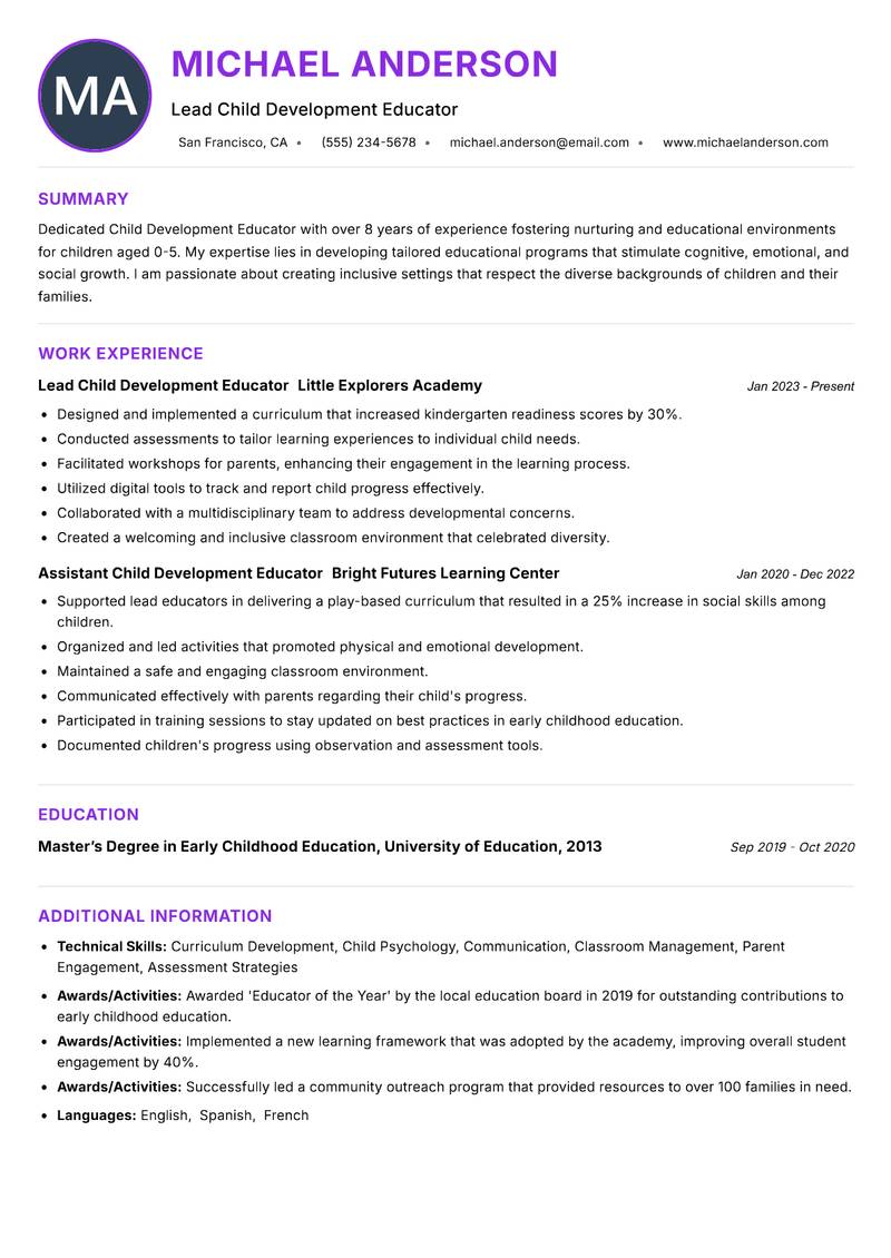 Child Development Educator resume example — Early Childhood Education