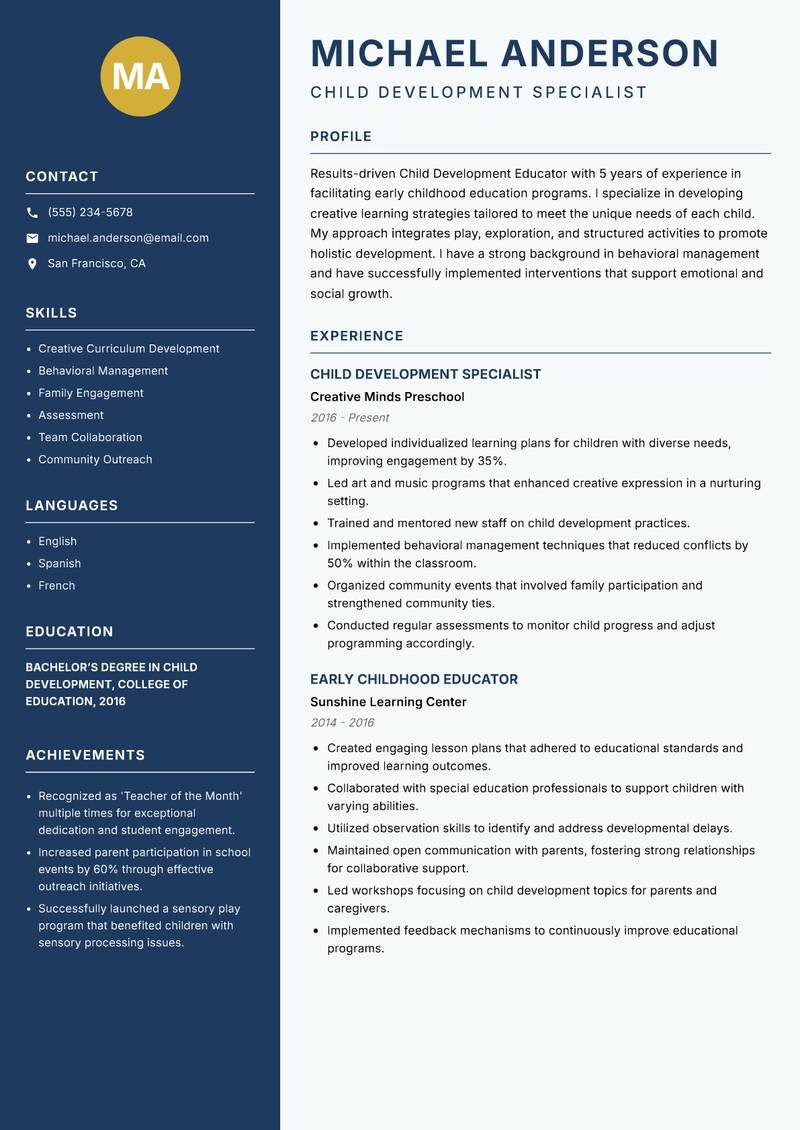 Child Development Educator resume template — Classic Clean