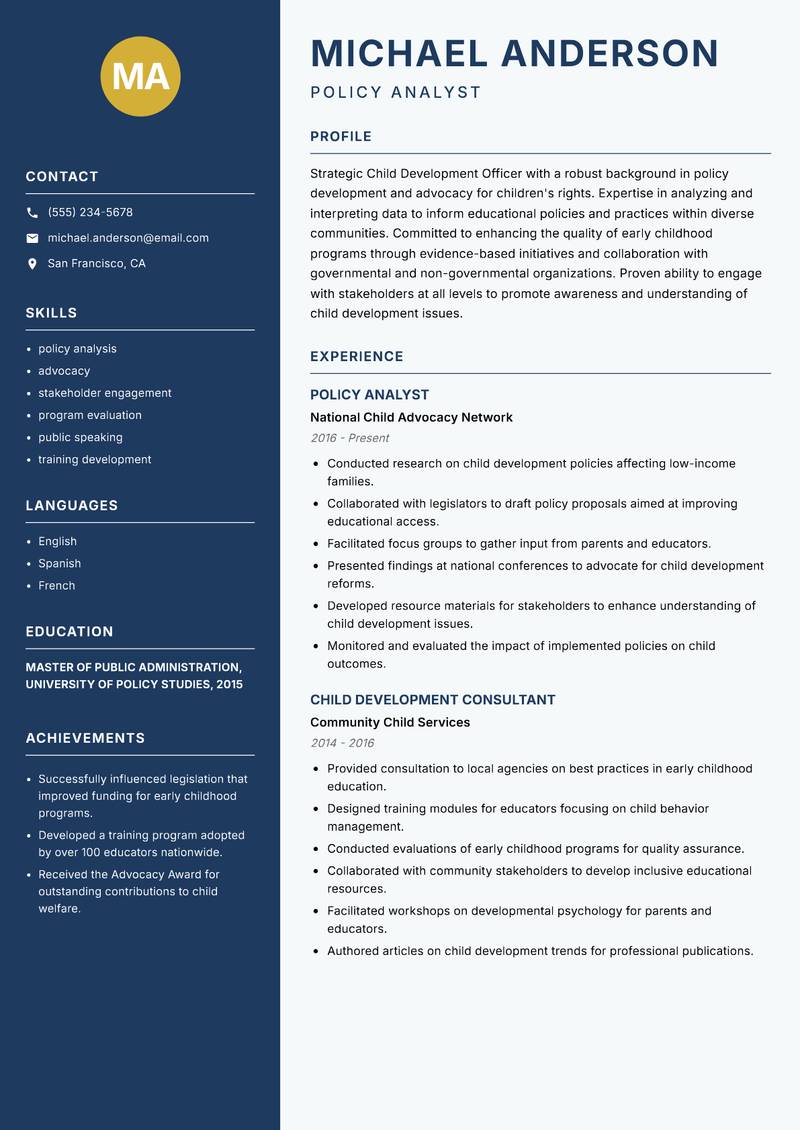 Child Development Officer resume template — Classic Clean
