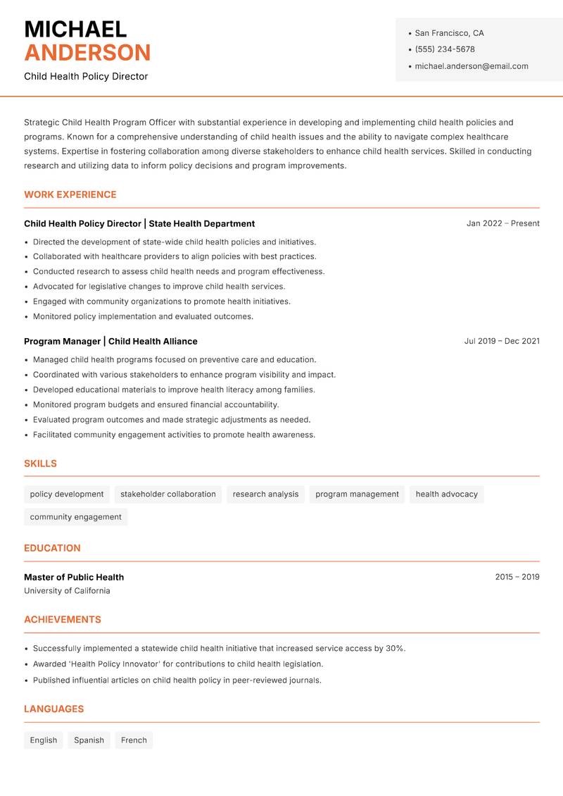 Child Health Program Officer resume template — Modern Professional