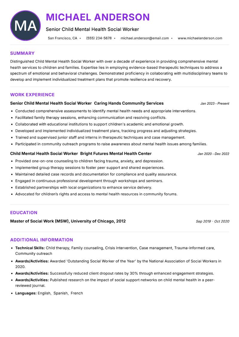 Child Mental Health Social Worker resume example — ATS-friendly template