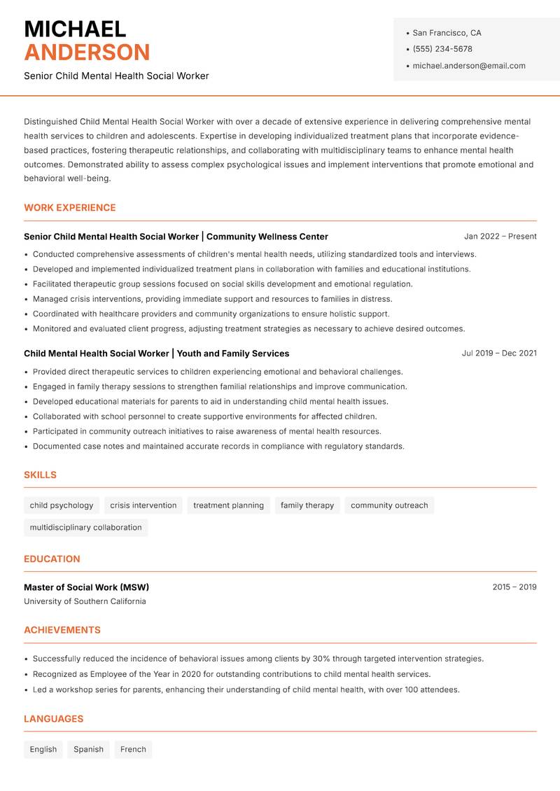 Child Mental Health Social Worker resume template — Modern Professional