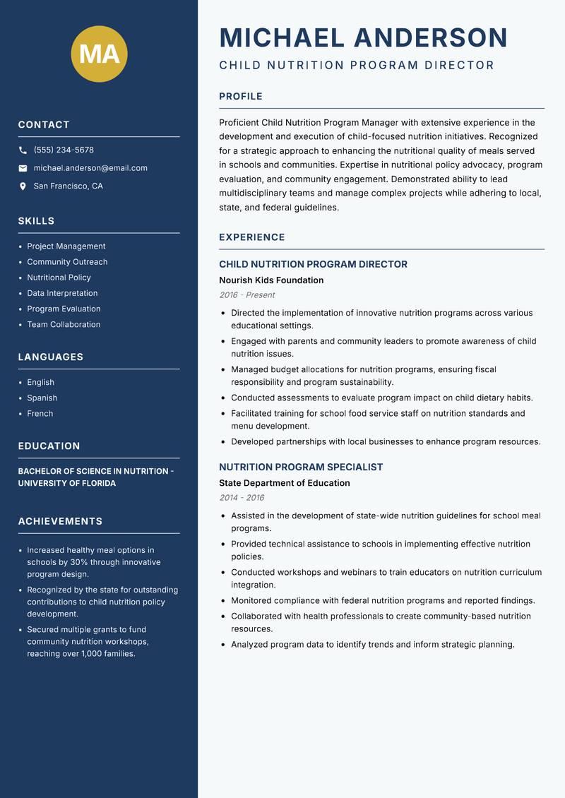 Child Nutrition Program Manager resume template — Classic Clean