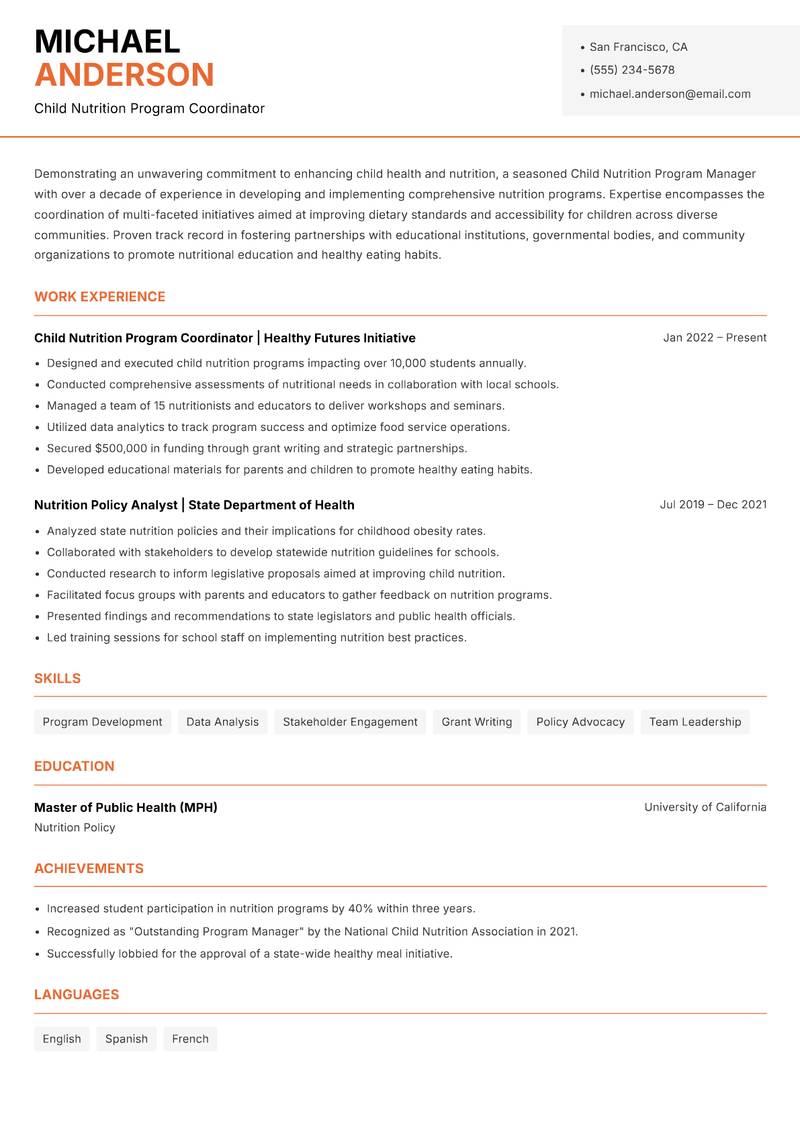 Child Nutrition Program Manager resume template — Modern Professional