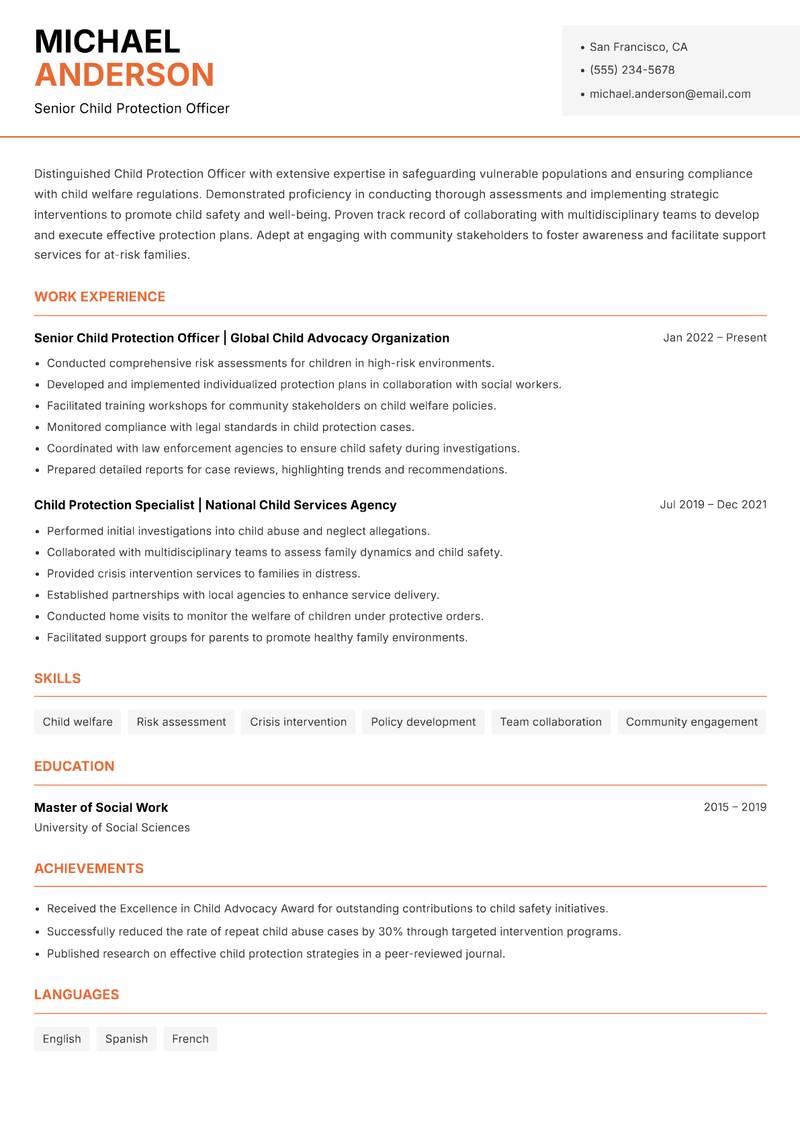 Child Protection Officer resume template — Modern Professional