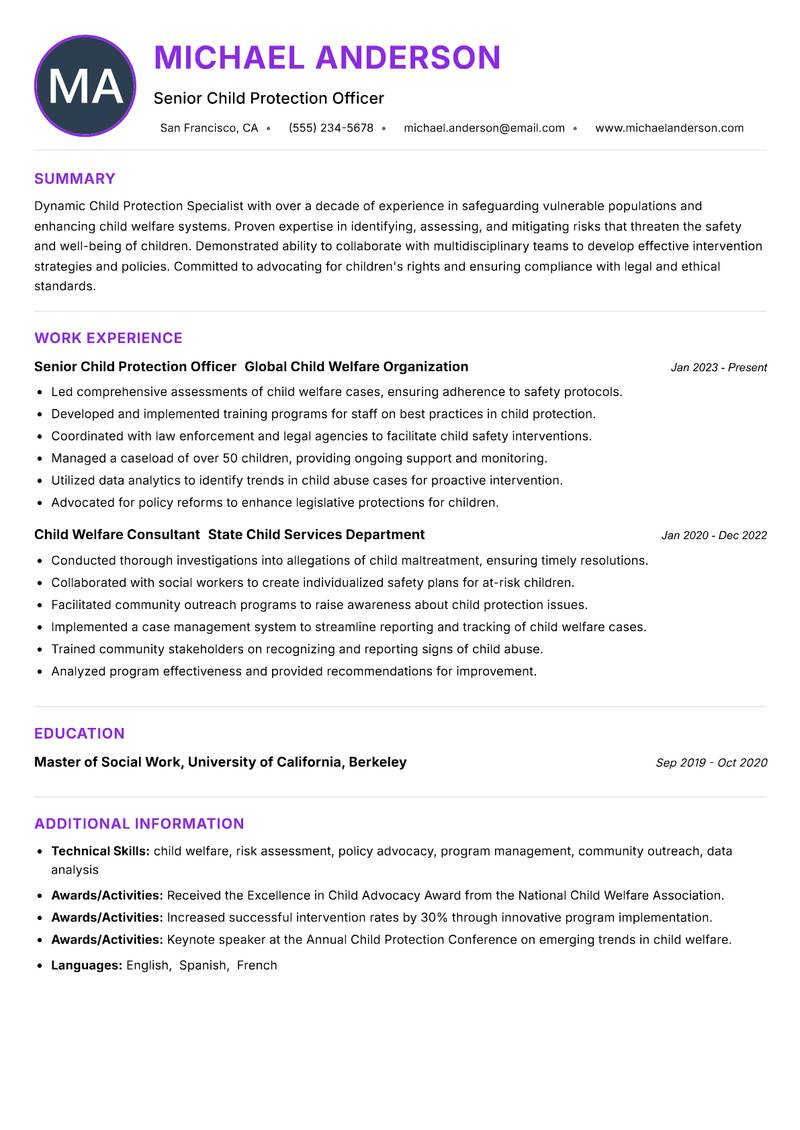 Child Protection Specialist resume example — ATS-friendly template