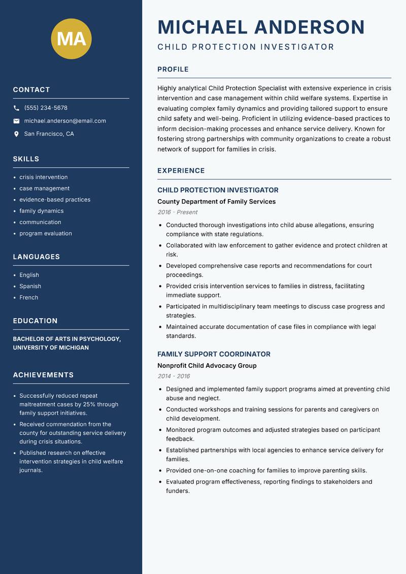 Child Protection Specialist resume template — Classic Clean