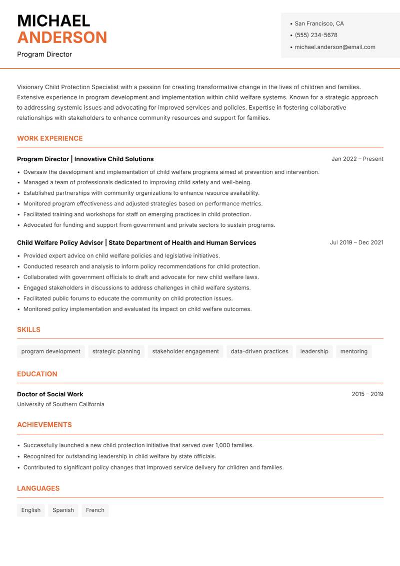 Child Protection Specialist resume template — Modern Professional