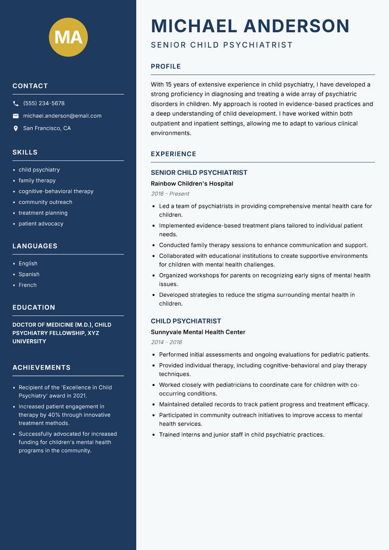 Child Psychiatrist resume template — Classic Clean