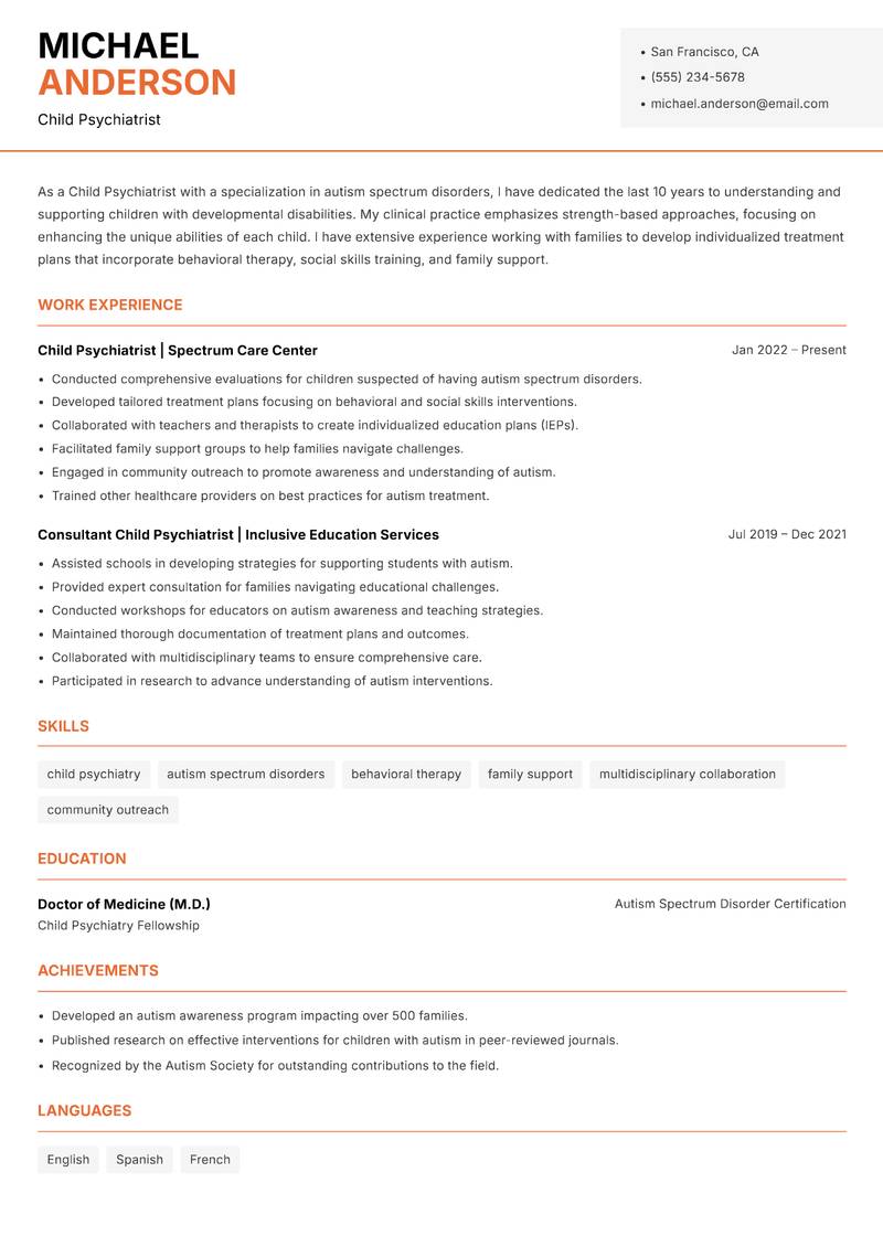 Child Psychiatrist resume template — Modern Professional