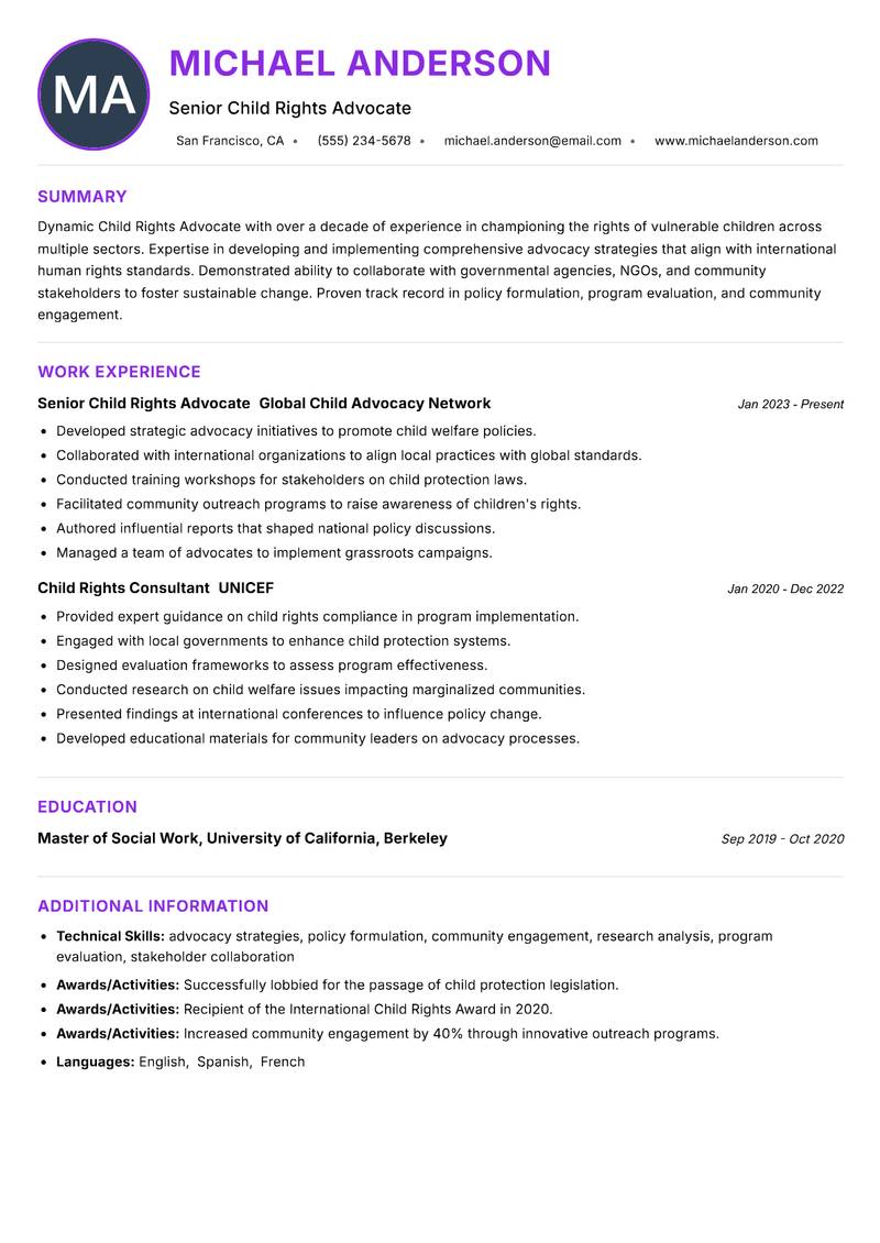 Child Rights Advocate resume example — ATS-friendly template