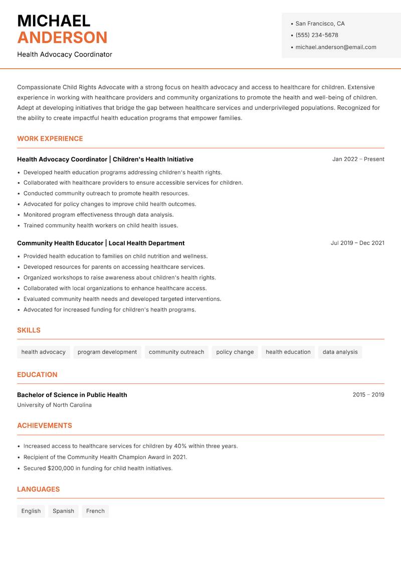 Child Rights Advocate resume template — Modern Professional