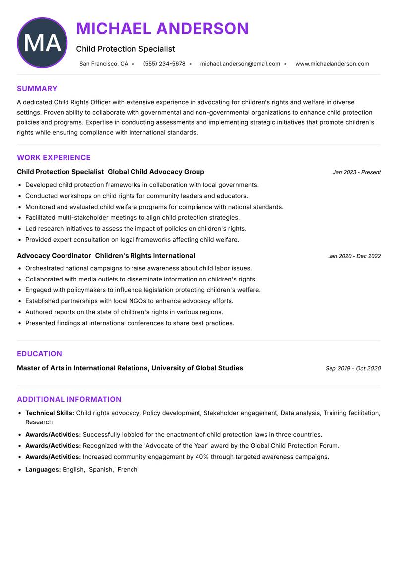 Child Rights Officer resume example — ATS-friendly template