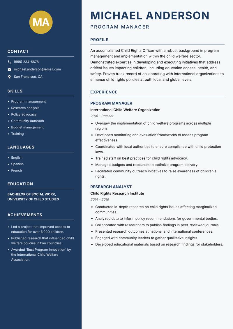 Child Rights Officer resume template — Classic Clean