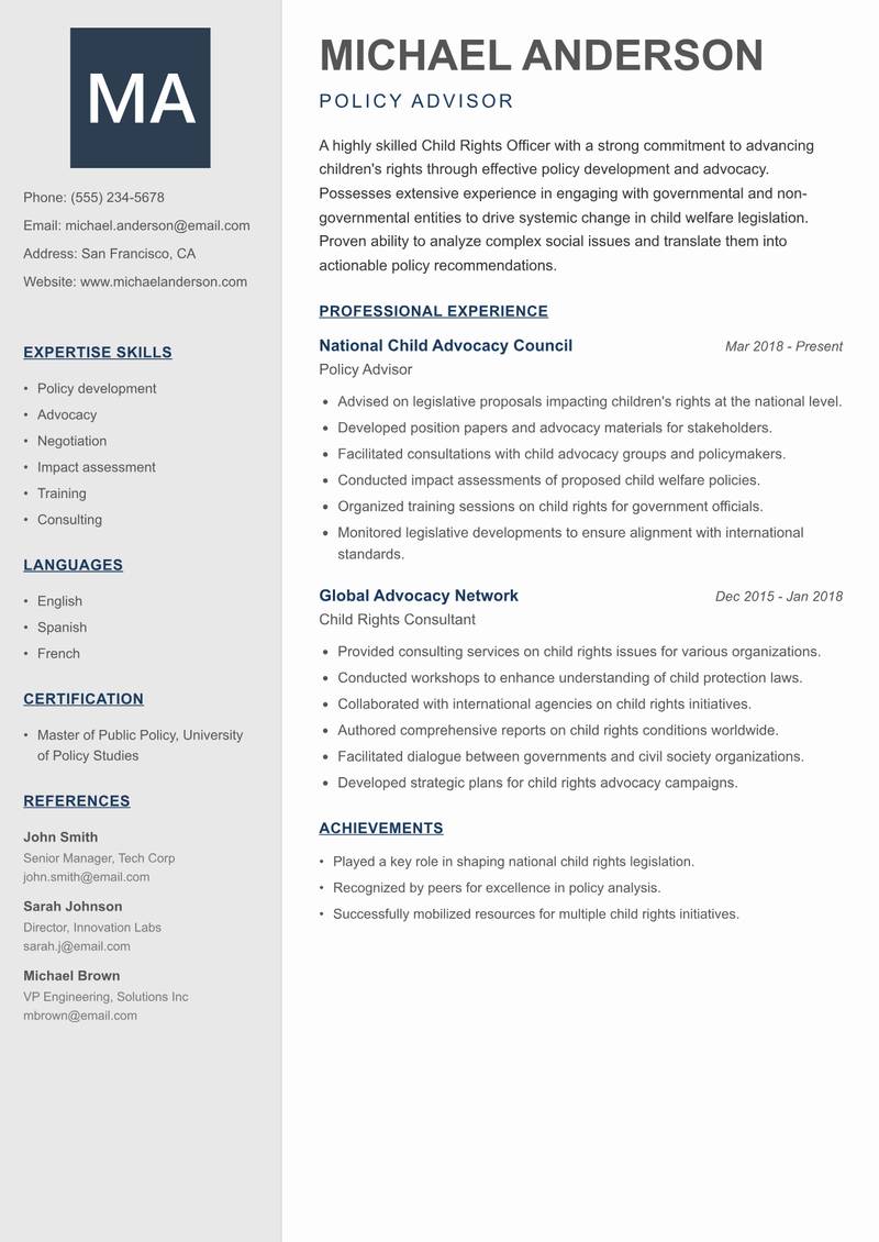 Child Rights Officer resume template — Creative Minimal