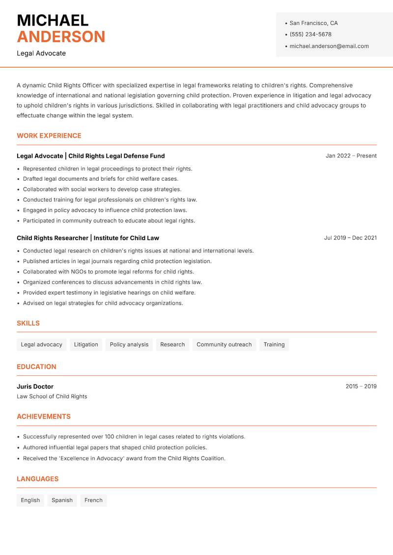 Child Rights Officer resume template — Modern Professional