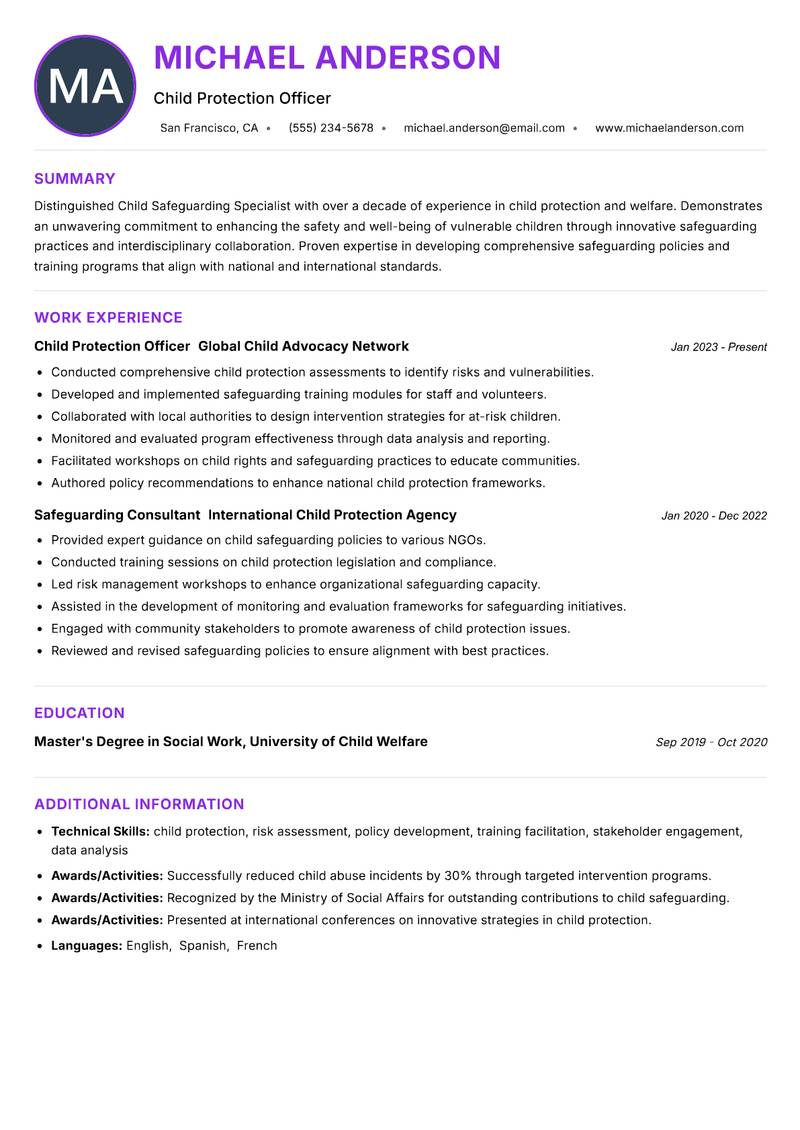 Child Safeguarding Specialist resume example — ATS-friendly template