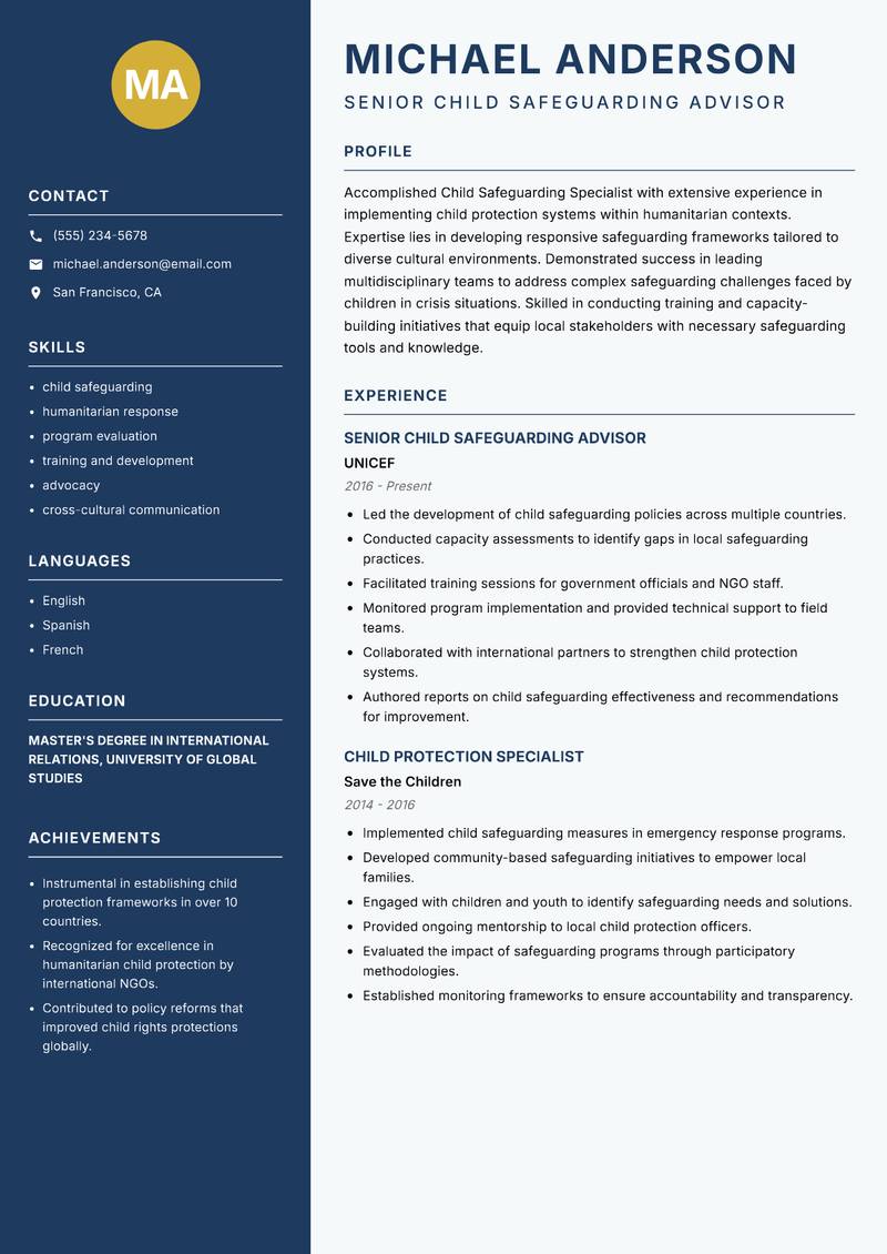 Child Safeguarding Specialist resume template — Classic Clean