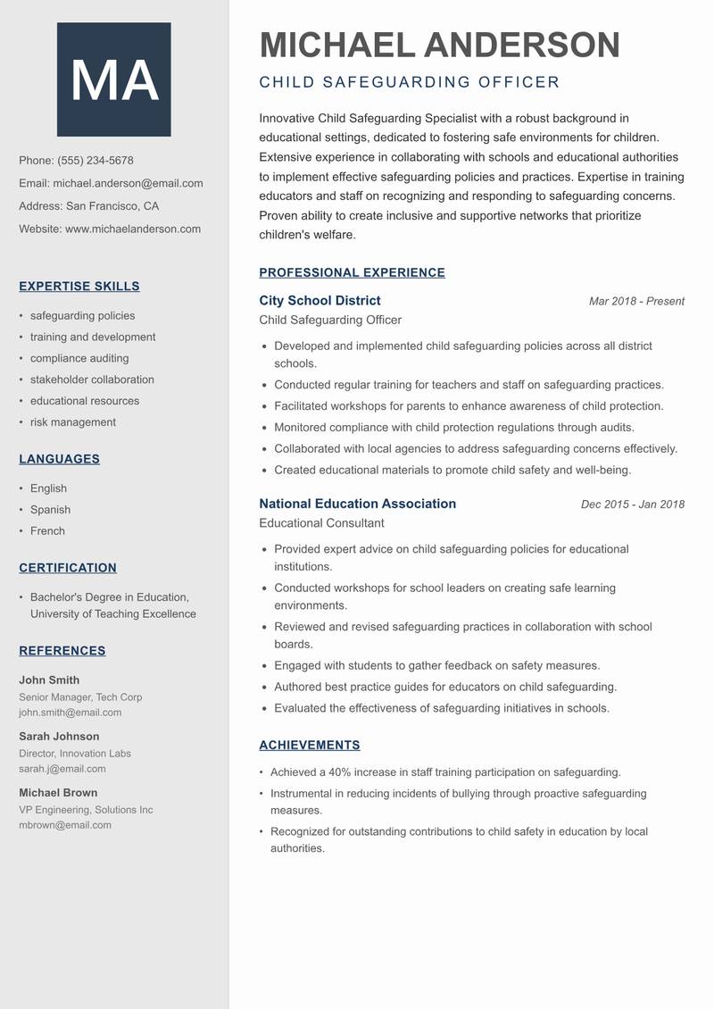 Child Safeguarding Specialist resume template — Creative Minimal