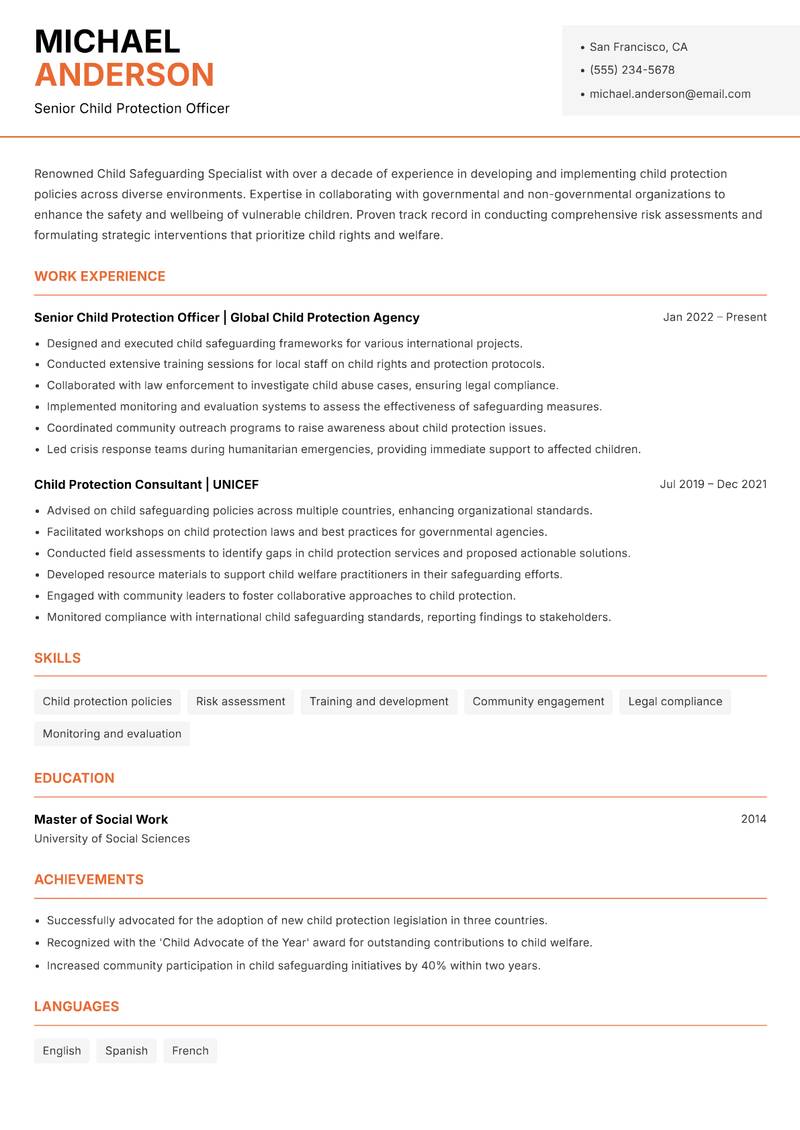 Child Safeguarding Specialist resume template — Modern Professional