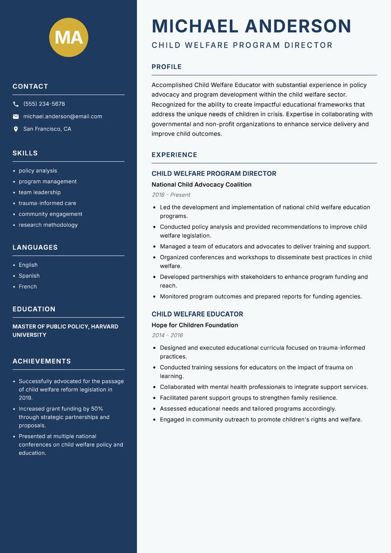 Child Welfare Educator resume template — Classic Clean