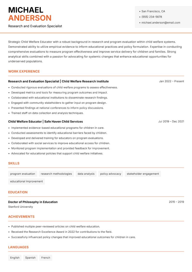 Child Welfare Educator resume template — Modern Professional