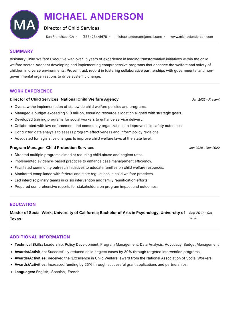 Child Welfare Executive resume example — ATS-friendly template