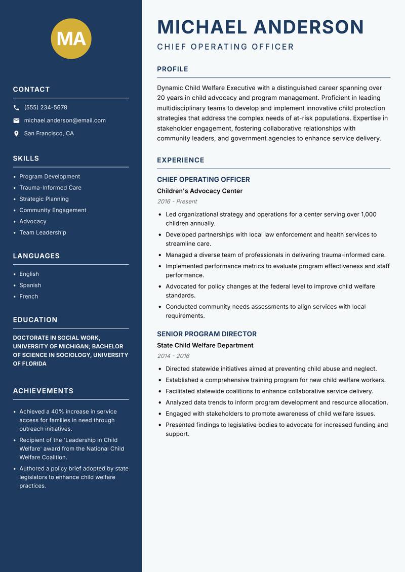 Child Welfare Executive resume template — Classic Clean