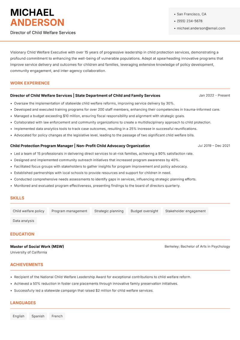 Child Welfare Executive resume template — Modern Professional