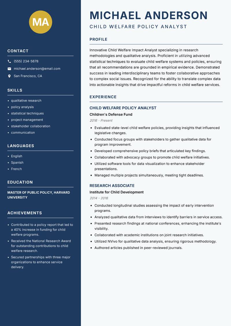 Child Welfare Impact Analyst resume template — Classic Clean