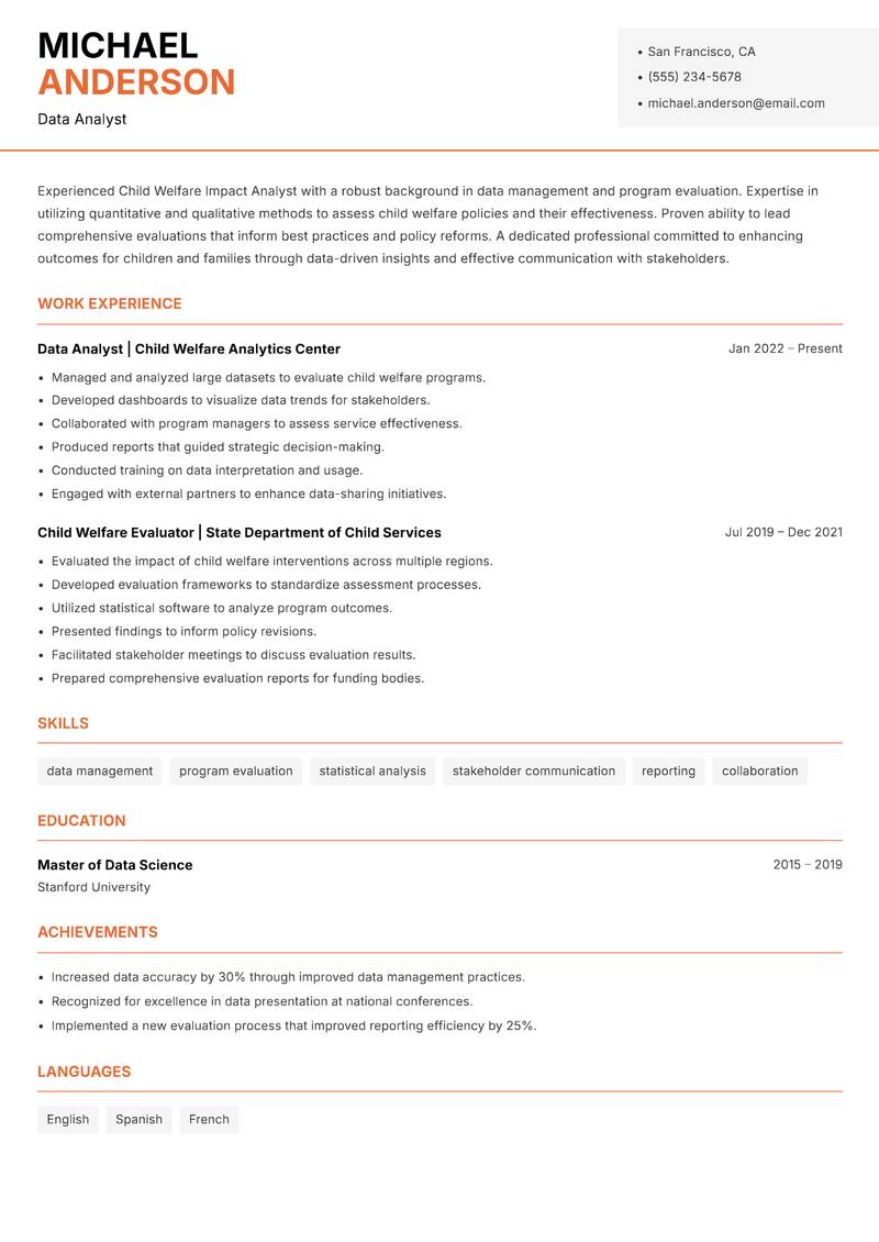 Child Welfare Impact Analyst resume template — Modern Professional