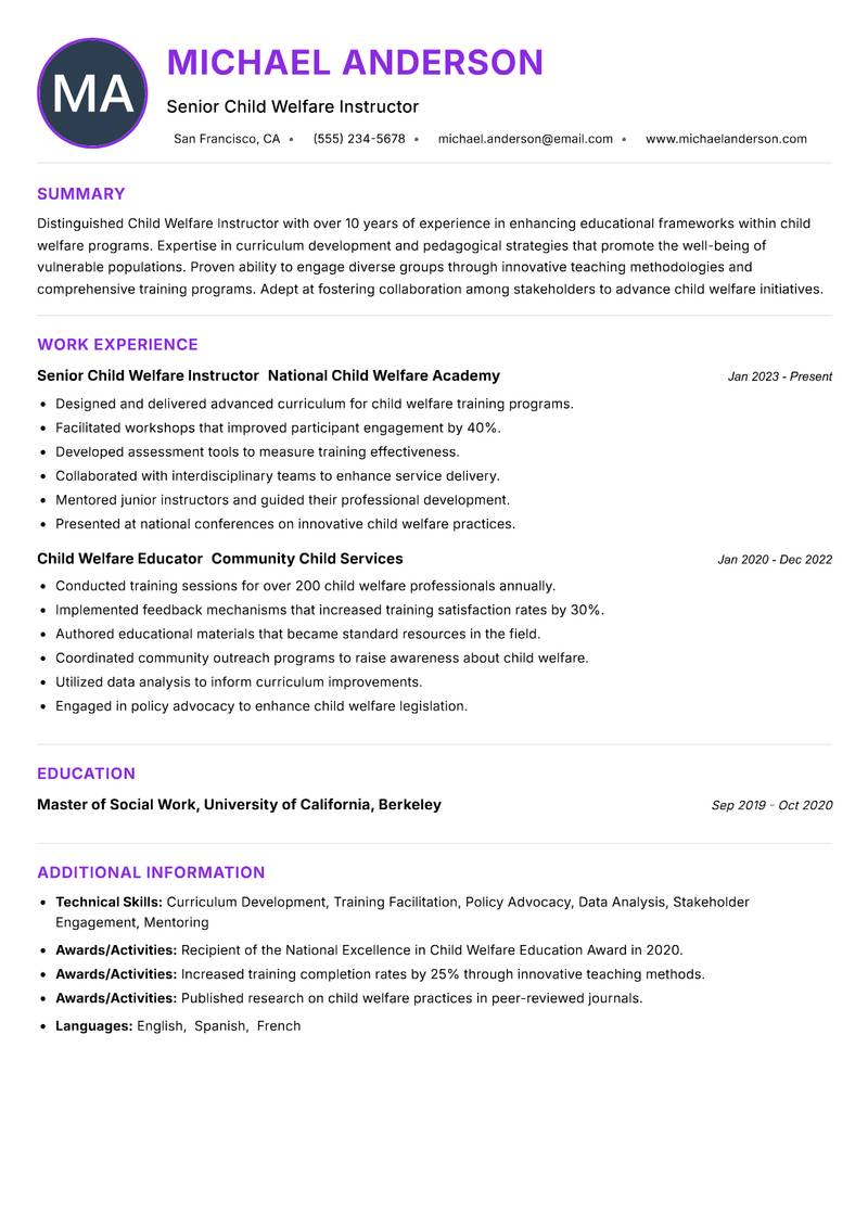 Child Welfare Instructor resume example — ATS-friendly template