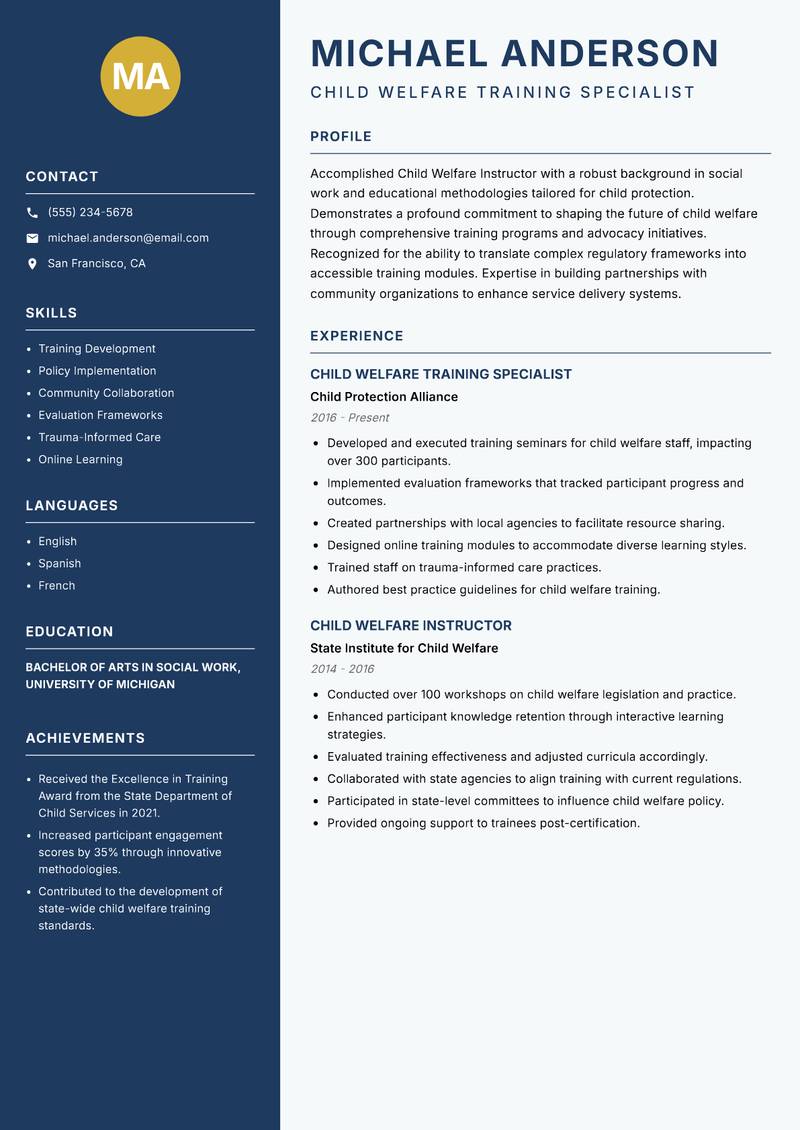 Child Welfare Instructor resume template — Classic Clean