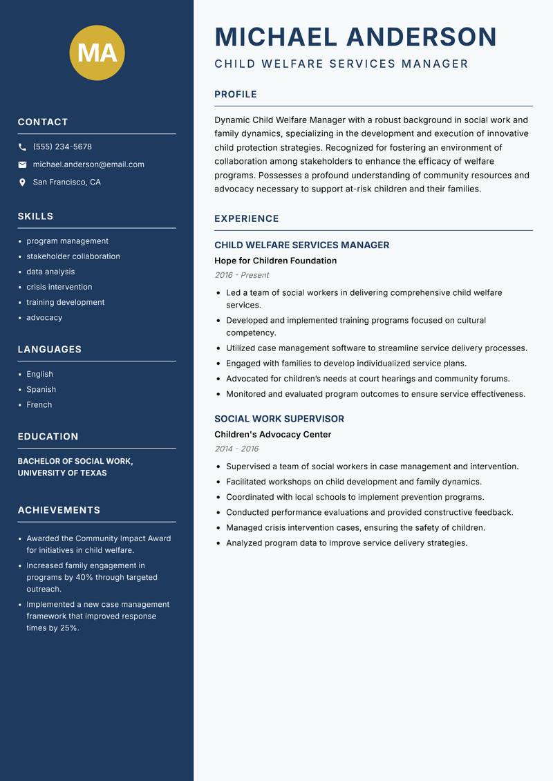 Child Welfare Manager resume template — Classic Clean